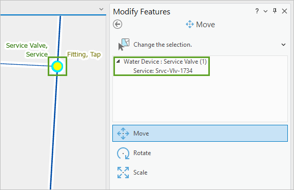 Selected service valve in the Modify Features pane