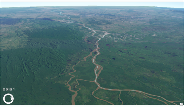Scene tilted to show the start of the Orinoco River after the delta facing westward.