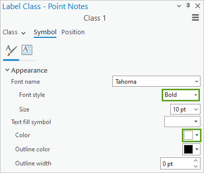 Font style set to Bold and Color set to a white color in the Symbol tab on the Label Class pane