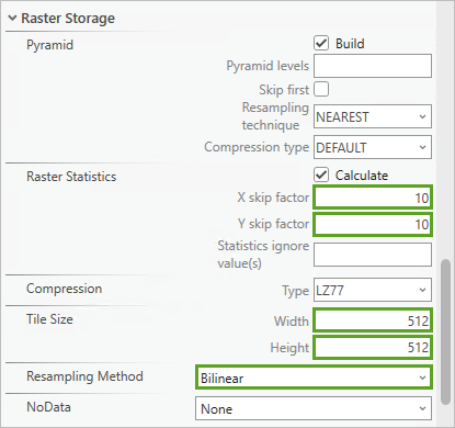 Raster storage environment parameters