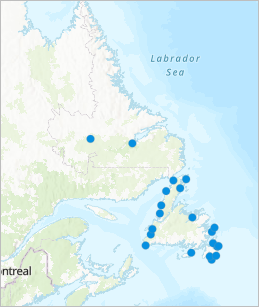 Map filtered to show charging stations in Newfoundland and Labrador