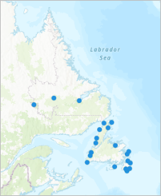 Map filtered to show charging stations in Newfoundland and Labrador