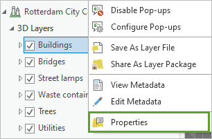 Properties menu option