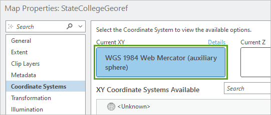 The Web Mercator coordinate system is selected.