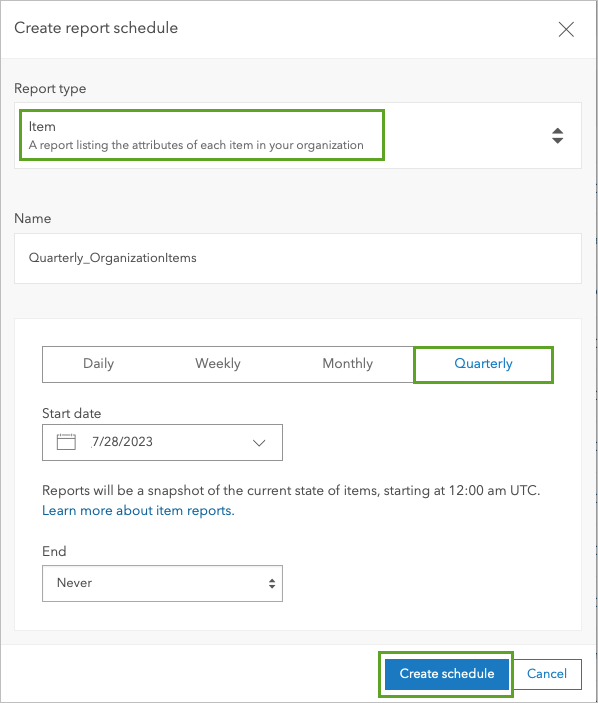 Schedule quarterly item reports.