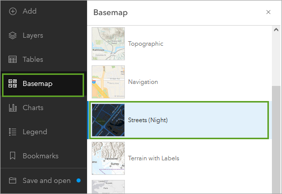 Streets (Night) in the Basemap menu