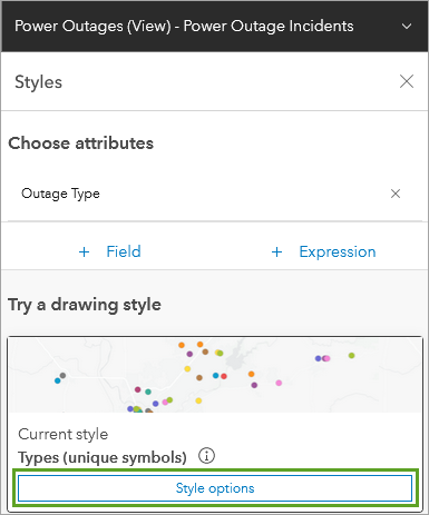 Options button for Types (Unique symbols) in the Select a drawing style section