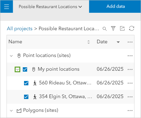 Project pane with My point locations expanded