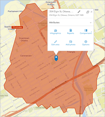 Elgin Street site with 15-minute walk-time area on the map