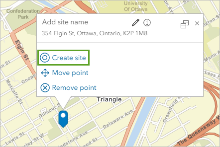 Create site option in the Elgin Street pin pop-up