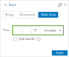 Parameters to create a 15-minute walk-time area
