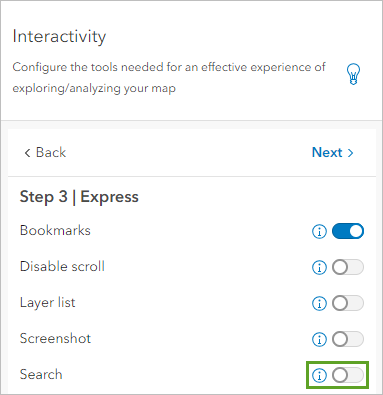 Interactivity settings with Bookmarks turned on and Search turned off