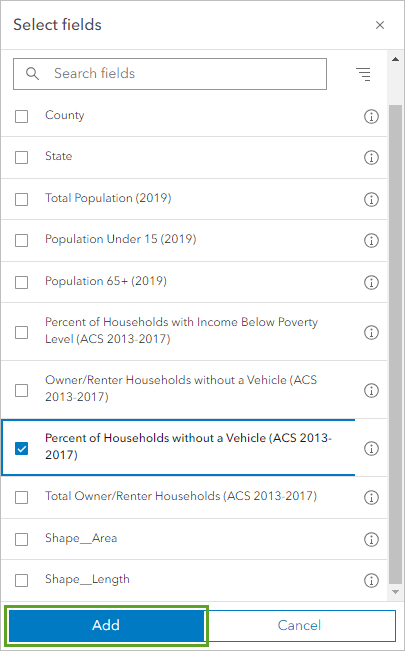 Selected field in Add fields window with a green box around the Add button