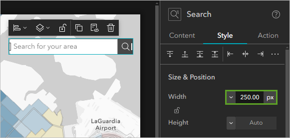 Width of Search widget set to 250 px