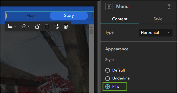 Menu widget set to Pills style