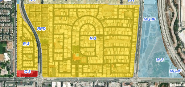 Map showing zoning areas with satellite imagery