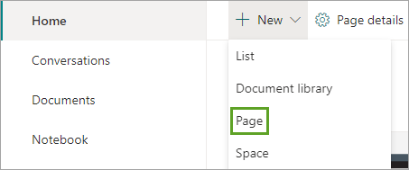 Page option in the New drop-down menu