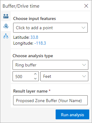 Parameters for the Buffer/Drive time analysis tool
