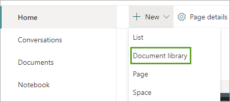 Document library option in the New drop-down menu
