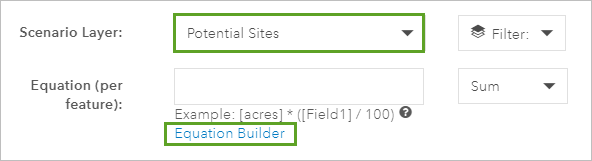 Scenario Layer set to Potential Sites and Equation Builder link