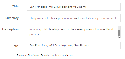 Title, Summary, Description, and Tags parameters for the new project