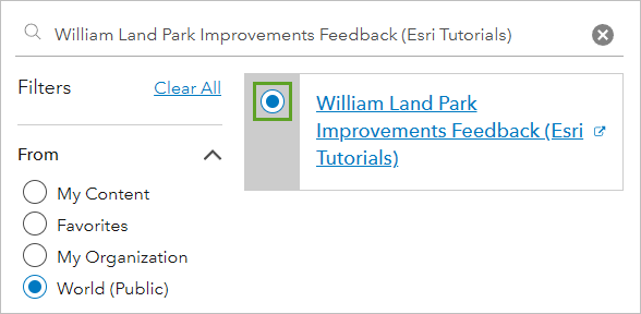 Select a Survey window with William Land Park Improvements Feedback (Esri Tutorials) selected