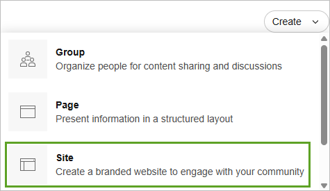 Site option in the Create menu