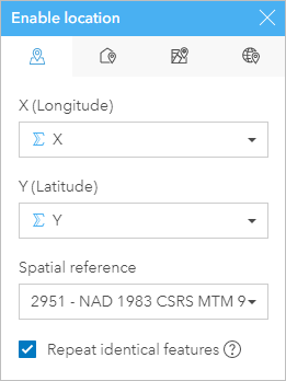 Parameters for the Enable location pane