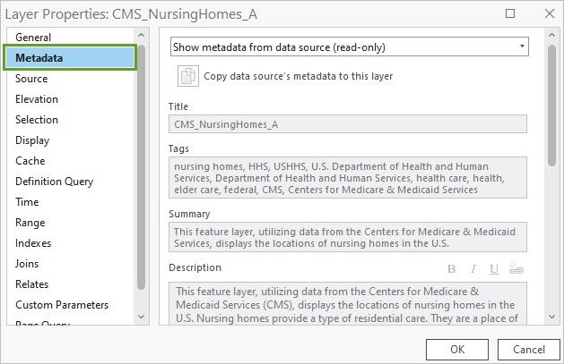 Metadata tab in the Layer Properties window