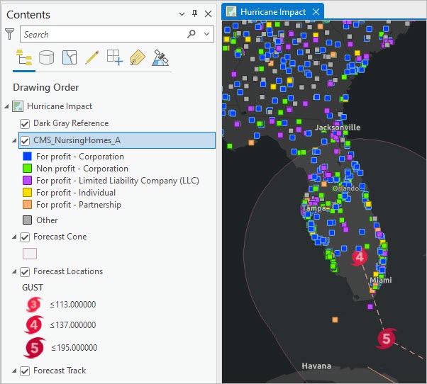 Centers for Medicare & Medicaid Services - Nursing Homes layer on the map and in the Contents pane