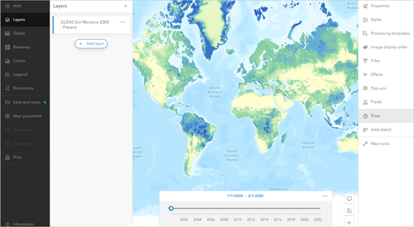 Global soil moisture layer, with all land colored in a range of pale yellow to dark blue