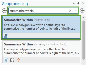 Summarize Within tool in the Geoprocessing pane search results