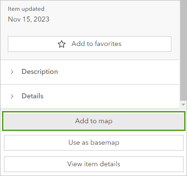 Add to map button at the bottom of the item details pane