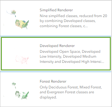 Color ramp with four pink and red symbols for developed land