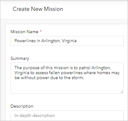 Enter mission details in the creation pane.