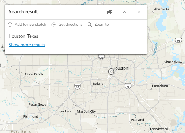 Map zoomed to Houston, Texas with Search result pop-up