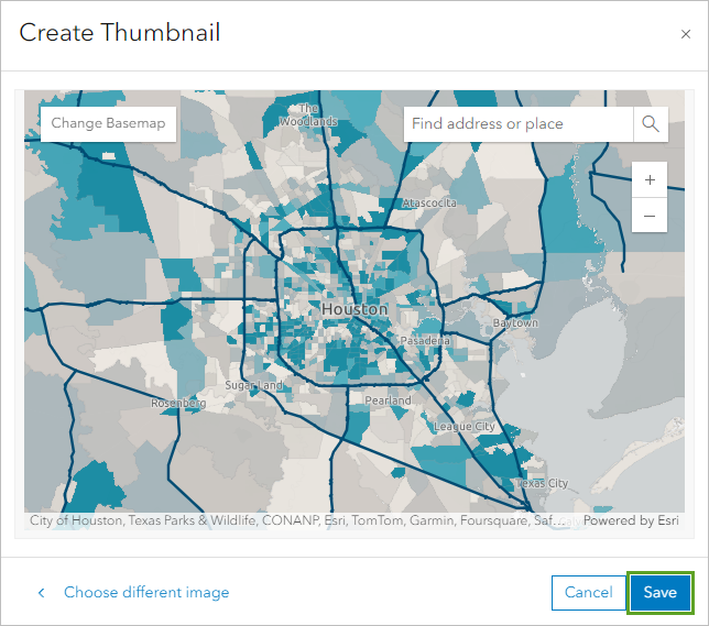 Create Thumbnail window with search box and map centered on Houston, TX
