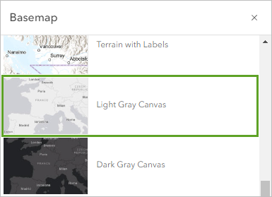 Choose the Light Gray Canvas basemap from the gallery.