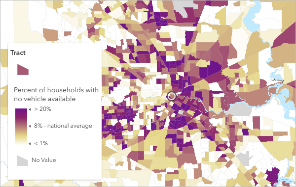 Map showing the percentage of households without a vehicle