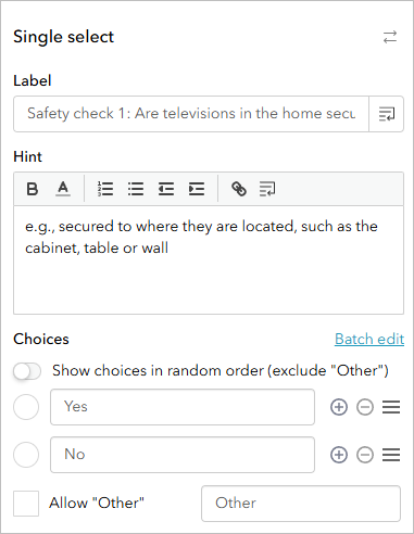 The Single select pane configured for the Safety check 1 question