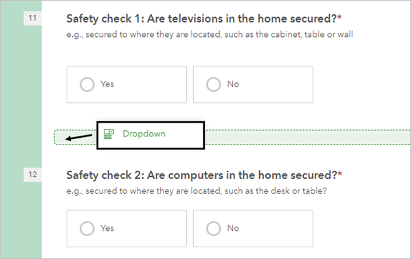 Dropdown question added below the Safety check 1 question