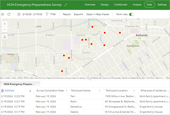 Data tab showing an interactive map of submissions and a table with collected survey responses