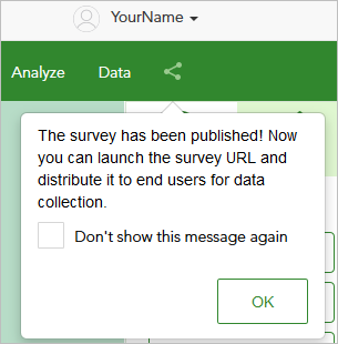 Message confirming the survey has been published