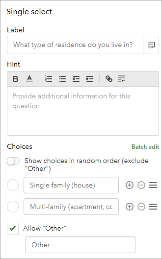 Edit tab completed for Single Choice question