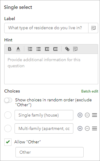 Edit tab configured for Single select question