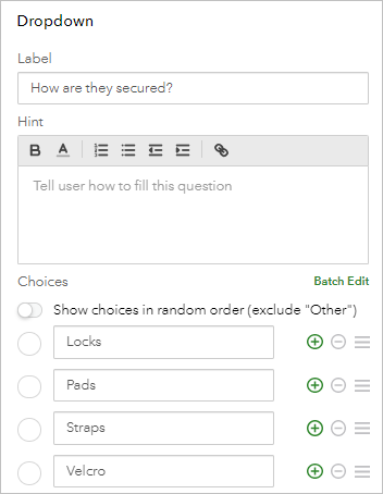 Edit tab completed for Dropdown question