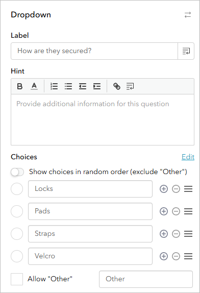 Edit tab configured for Dropdown question