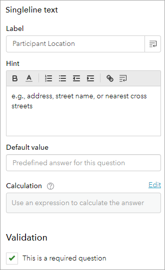 Edit tab completed for Singleline Text question