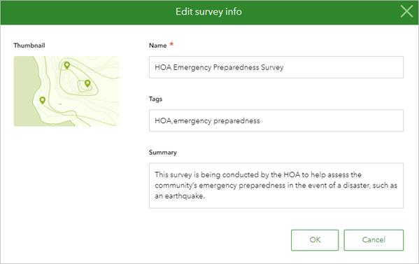 The Edit survey info window