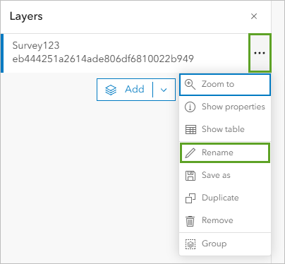 Rename in the Options menu for the Survey123 layer